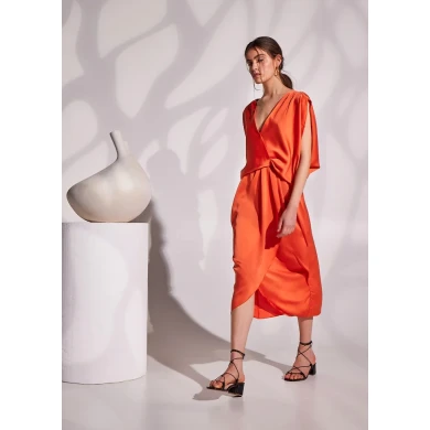 PEARL WRAP MIDI DRESS BURNT ORANGE LOOSE FIT SILKY DRESS