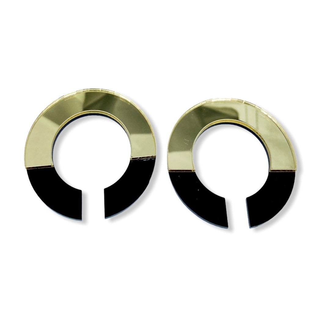 HALF CYRCLE BLACK-GOLD plexi earrirgs acrylic mirrors steel pin