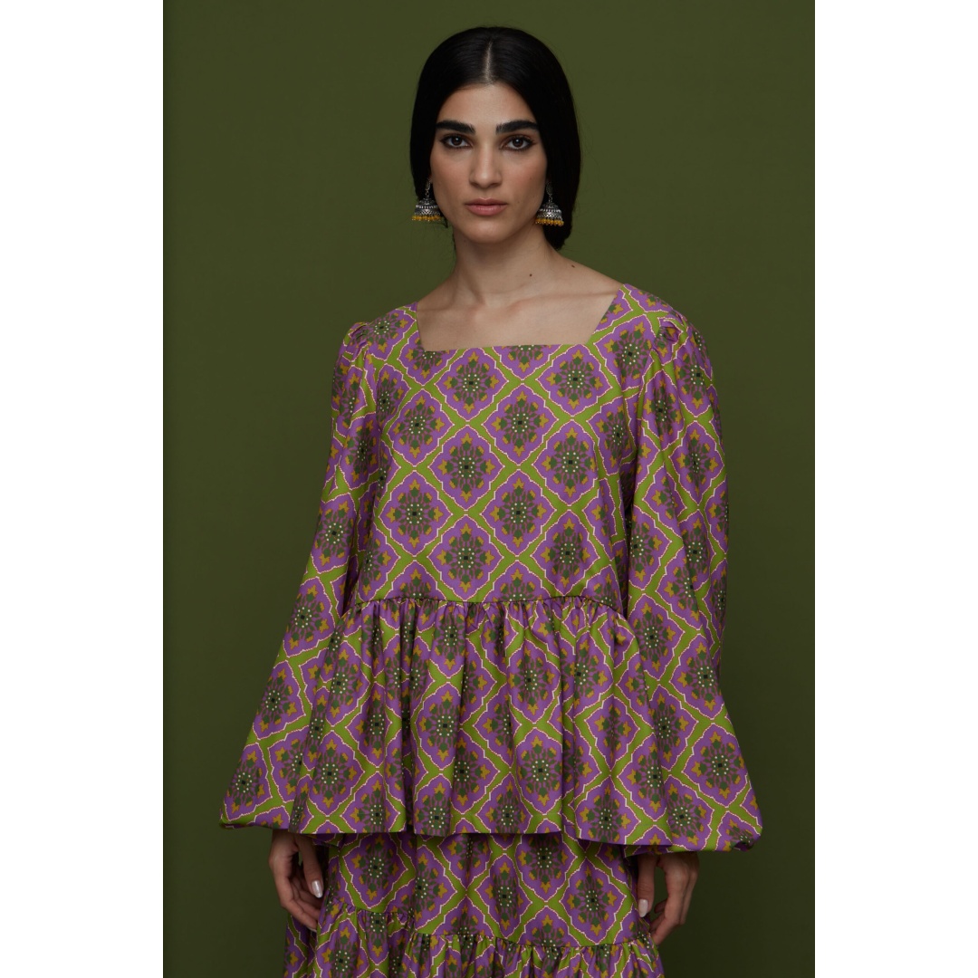 ARGALIOS TOP (TYROS OLIVE PRINT) Blouse with voluminous sleeves