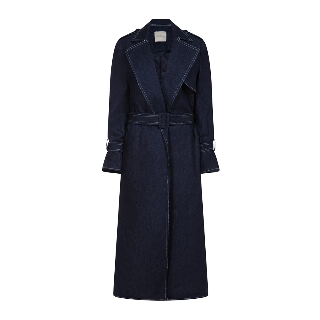 Skyler Skyler is our denim long trench coat