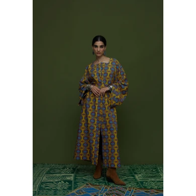 TAPIS OVERCOAT (LEONIDIO MUSTARD PRINT) Oversized Manteaux/DRESS in Crepe Cady fabric for a maximal look