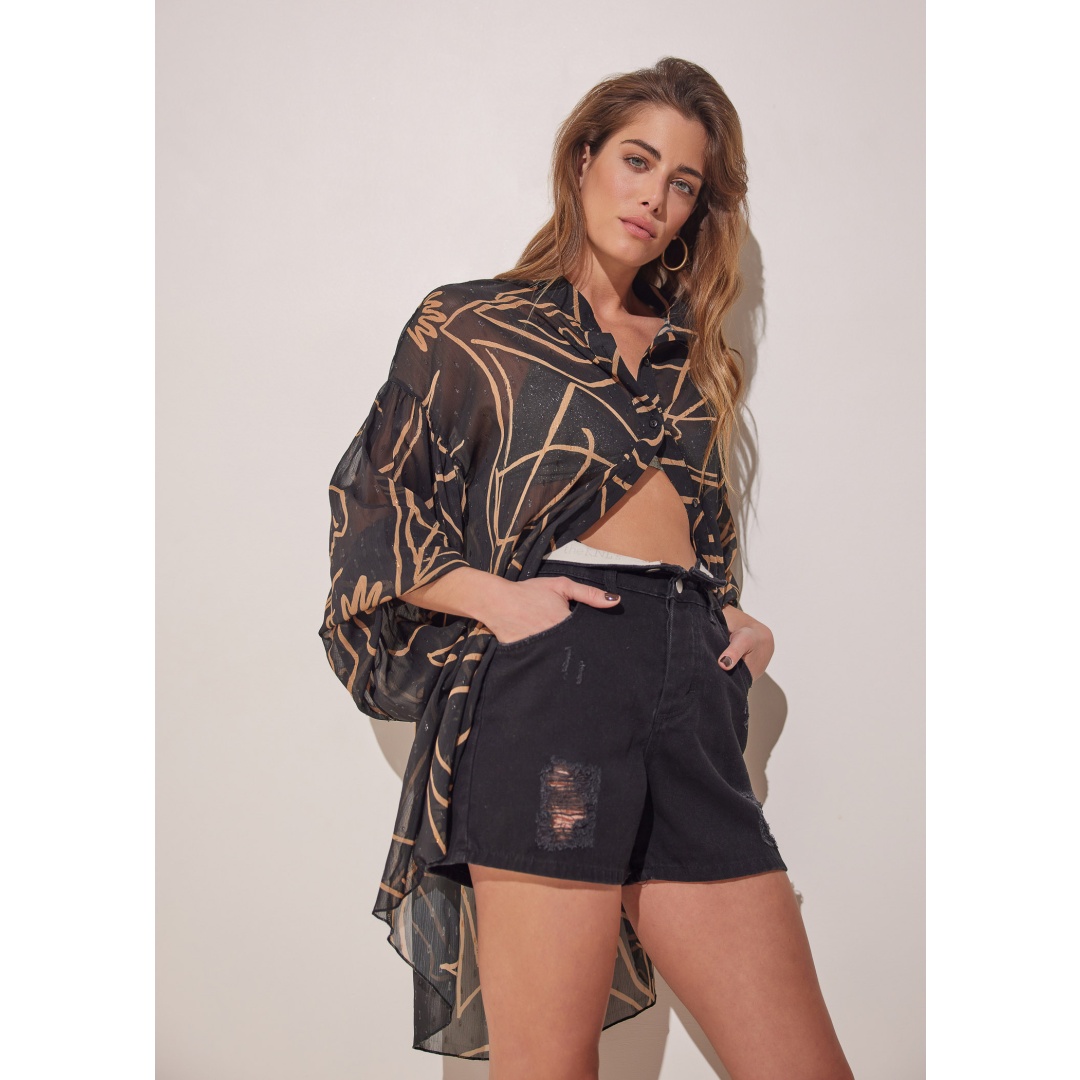 EROS PRINTED TUNIC TOP BLACK INTIMACY PRINT WIDE SLEEVED SILK ASYMMETRIC SHIRT  WITH SPARKLE