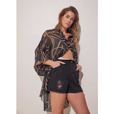 EROS PRINTED TUNIC TOP BLACK INTIMACY PRINT WIDE SLEEVED SILK ASYMMETRIC SHIRT  WITH SPARKLE