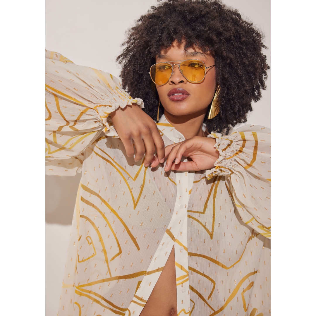 Long printed line art silk shirt eros with long sleeve and print encapsulates the effortlessly cool spirit of comfort dressing. Its ethereal and floaty silk look and feel feature bold