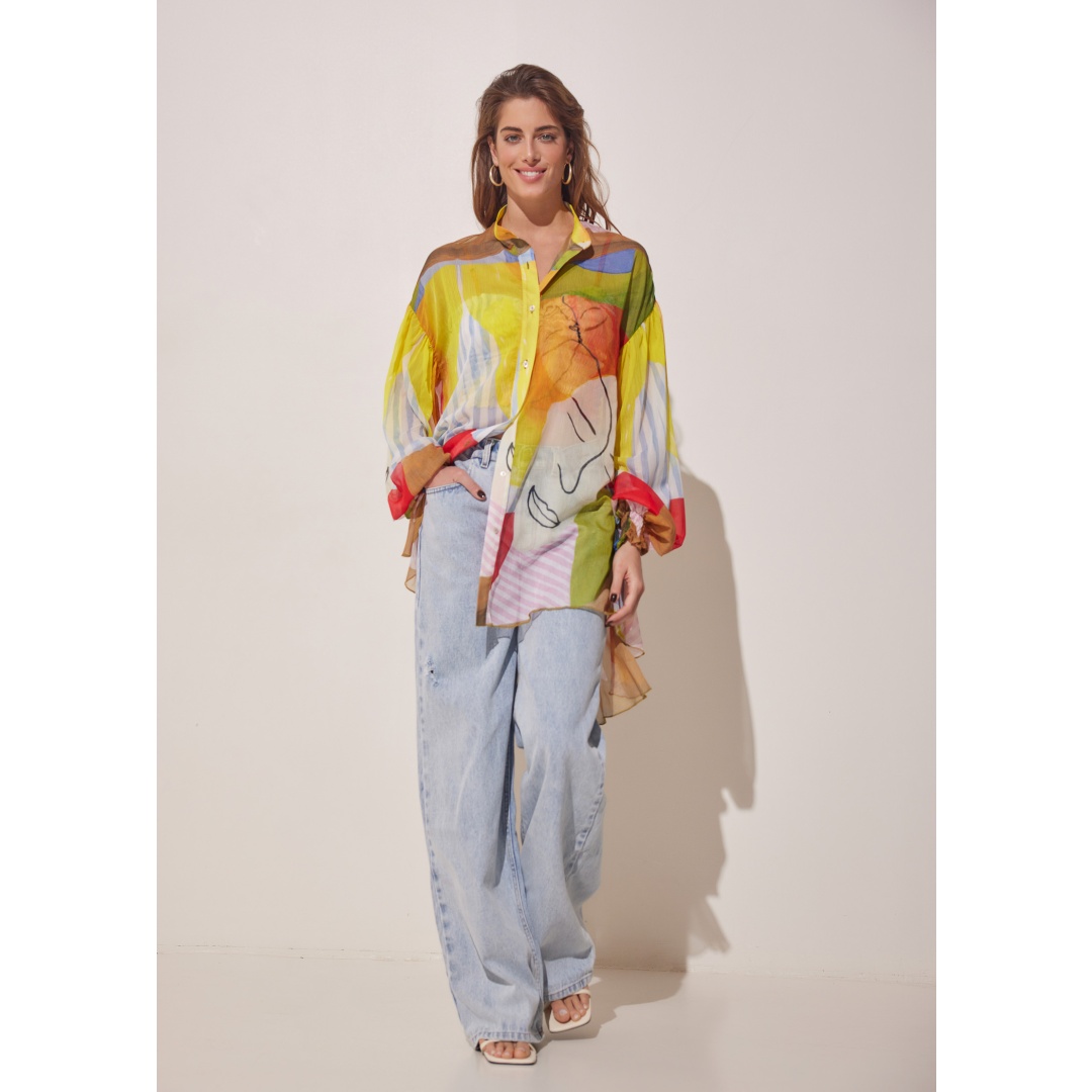 preppy style. The printed saturated pattern is a handmade painting on canvas design. With those loose sleeves and semi-transparent silk chiffon fabric