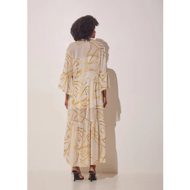 the weightless silk kaftan dress is beautifully made from a silk blend. It's finished in the sleeves and the bottom with voluminous layers. Wear yours with the matching shorts or stand alone as a fashion kaftan with an inner dress. It doesn't crease even in long vacation suitcases.