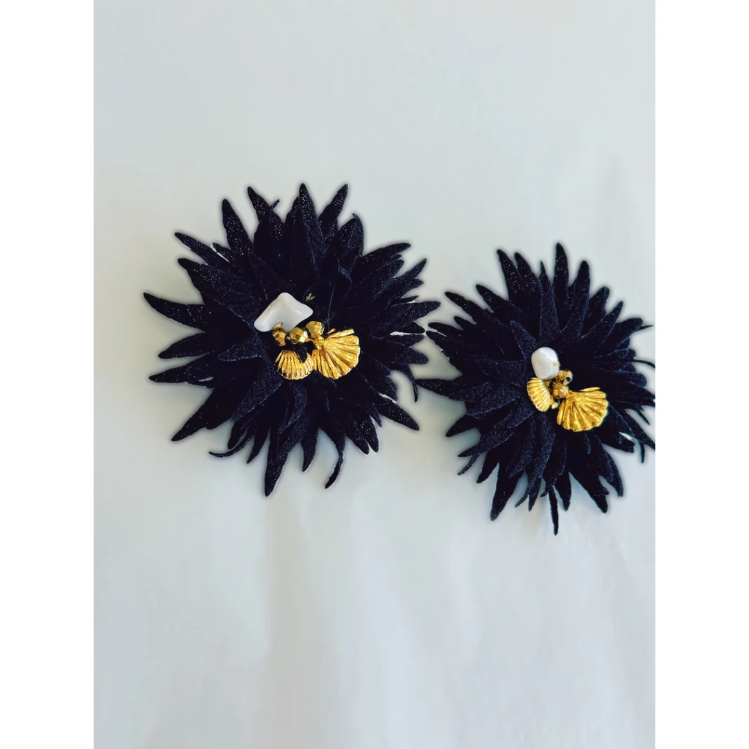 Black Handmade earrings inspired by the Greek traditional costumes and made of embroidered fabric.