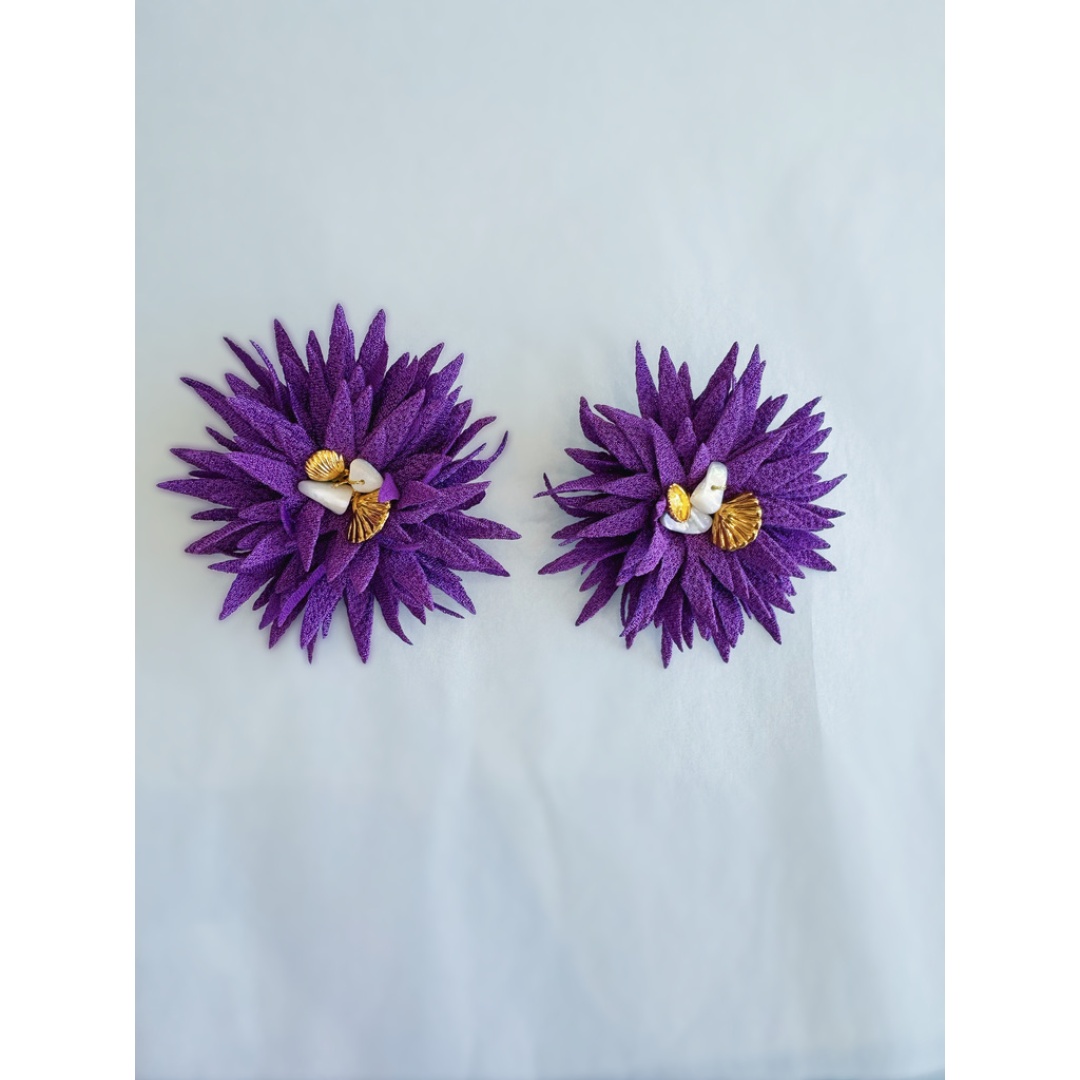 Purple Handmade earrings inspired by the Greek traditional costumes and made of embroidered fabric.