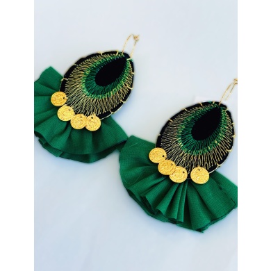 Green Handmade earrings inspired by the Greek tradition made of embroidered fabric